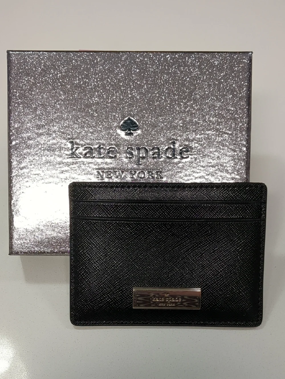 kate spade Black Saffiano Leather Card Case with Metal Logo Plaque